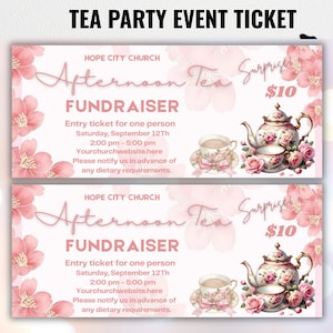 Puede incluir: Dos entradas rosas para un evento benéfico "Afternoon Tea Surprise". Cada entrada presenta ilustraciones florales, una tetera, una taza de té y el texto "Tea Party Event Ticket". Las entradas son para un evento el 12 de septiembre.
