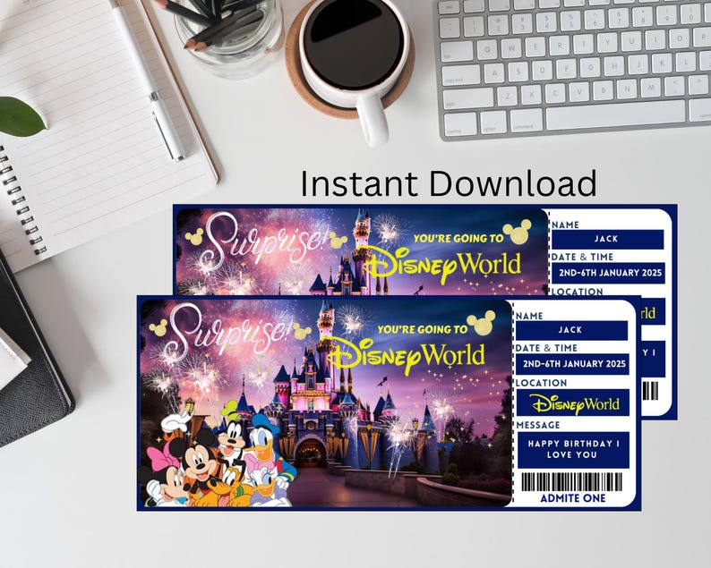 Puede incluir: Dos entradas imprimibles con tem&aacute;tica de Disney World. Las entradas son azules y blancas con una imagen del castillo de Cenicienta y fuegos artificiales. El texto en las entradas dice "&iexcl;Sorpresa! &iexcl;Vas a Disney World!" y "Feliz cumplea&ntilde;os te quiero".