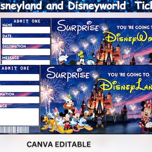 Disneyland And Disneyworld Ticket Templates, Disneyworld Gift Ticket, Disneyland Surprise Ticket,  Instant Download,  Canva Editable