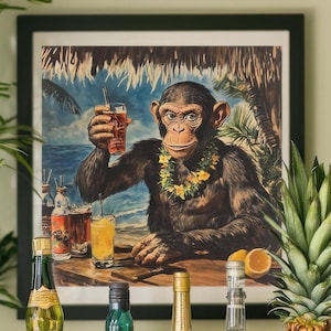 May include: A vintage illustration of a chimpanzee wearing a flower lei and holding a glass of red liquid. The chimpanzee is sitting at a bar with other drinks and bottles behind it. The background is a tropical scene with palm trees and a beach.
