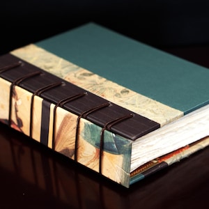 Könnte beinhalten: Ein handgefertigtes Notizbuch mit türkisgrünem Einband und dekorativem Buchrücken. Der Buchrücken ist mit dunkelbraunem Faden gebunden und mit gemustertem Papier versehen. Die Seiten sind weiß und das Notizbuch ist geschlossen.