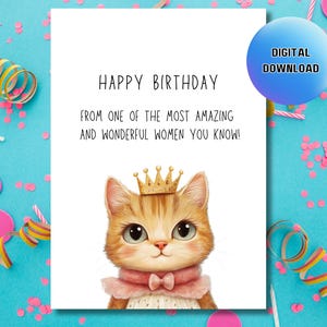 Cartão de aniversário sarcástico para impressão para ela, cartão de aniversário digital para melhor amiga, cartão de aniversário fofo para impressão de gato, cartão engraçado para mãe de gato para download