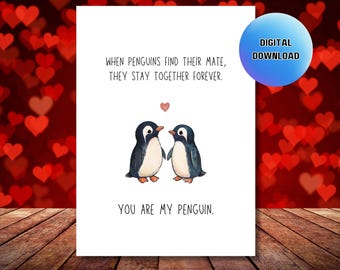 Cute Penguin Anniversary Card, Romantic Printable (Digital Download)