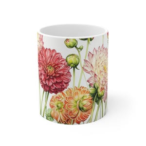 Elegant Garden of Vibrant Dahlias in Watercolor Style Color Morphing Mug, 11oz