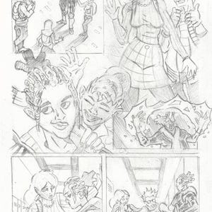 以下が含まれることがあります： 漫画のページの鉛筆スケッチ。パネルは、学校の環境で相互作用するキャラクターを描いています。アートスタイルは、表現力豊かな顔とダイナミックなポーズで、漫画やアニメに似ており、物語を示唆しています。