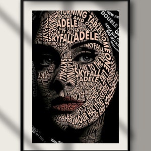 May include: A black and white portrait of Adele, a British singer and songwriter, created using the words associated with her career. The words are in a peach color and form the shape of her face.