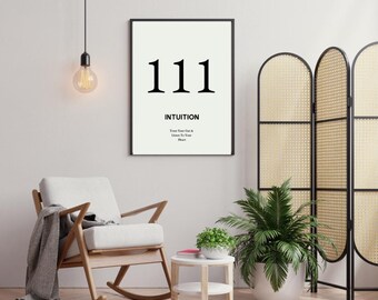Könnte beinhalten: Ein schwarz-weißes Poster mit der Zahl 111 und dem Wort "INTUITION" mit dem Text "Trust Your Gut & Listen To Your Heart" darunter.
