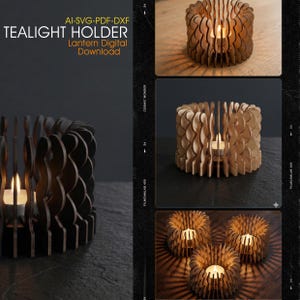 Puede incluir: Un portavelas de madera con un diseño cortado con láser. El portavelas es cilíndrico con listones verticales, y una vela de té encendida está dentro. La imagen también muestra el texto "TEALIGHT HOLDER Lantern Digital Download".