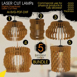 May include: Five laser-cut wooden lamps are displayed, each with a unique design. The lampshades are constructed from layered wooden strips, showcasing diverse shapes such as cylindrical and wavy forms. The image includes text that says "LASER CUT LAMPS" and "BUNDLE".