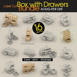 Laser Cut Drawer Box Bundle | Wooden Modular Storage SVG | ai, pdf, svg, dxf 3-4 mm thickness