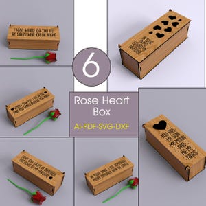 May include: Six different wooden rose heart boxes with various romantic quotes engraved on them. Each box has a slot for a single rose.