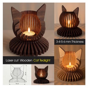 Op de afbeelding: Lasergesneden houten katten theelichthouder. De bruine kandelaar heeft een katten silhouet met een rond midden voor een brandend waxinelichtje. De basis en kop zijn gemaakt van gelaagd hout. De tekst "Laser cut Wooden Cat Tealight" is zichtbaar.