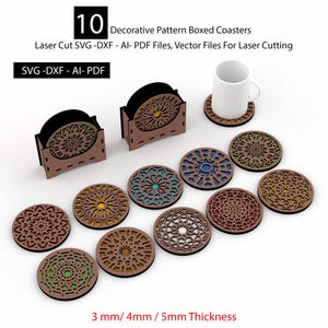 May include: A set of ten decorative pattern boxed coasters with laser-cut designs. The coasters are brown with various colored accents and are displayed with two holders and a white mug. The text on the image reads "10 Decorative Pattern Boxed Coasters".