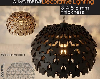 レーザーカット木製ペンダントランプ | 3Dパズルランプ svg ai pdf dxf | 厚さ3-4-5-6 mm | CNC木製照明器具 | DIY装飾照明