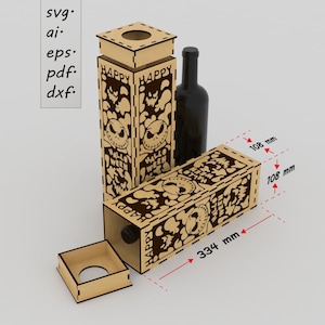 Caixa de Garrafa de Vinho de Halloween SVG - Caixa de Presente de Madeira Cortada a Laser | 3 Tamanhos para 3 mm, 4 mm, 5 mm | Download Digital do Arquivo Glowforge | Jack Skellington