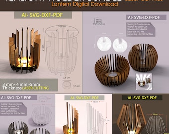 May include: Four different designs for laser cut tealight candle holders. The designs are made of wood and have a geometric pattern. The candle holders are 3 mm, 4 mm, or 5 mm thick. The designs are available in AI, SVG, and PDF formats.