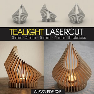 May include: Wooden tealight candle holders with a geometric design. The image shows multiple views of the laser-cut candle holders, with the text "TEALIGHT LASERCUT" and thickness measurements. The candle holders are designed to hold a tealight candle.