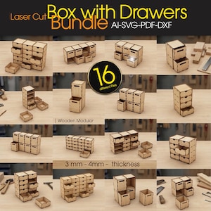 May include: A collection of laser-cut wooden boxes with drawers, displayed in various configurations. The image showcases a bundle of 16 different files, with a thickness of 3 mm to 4 mm. The text "Box with Drawers Bundle" is at the top.