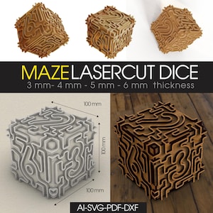 May include: Wooden laser-cut dice with a maze design. The dice are shown in various angles and colors, with the text "MAZE LASERCUT DICE" and thickness measurements. Each die measures 100 mm on each side.