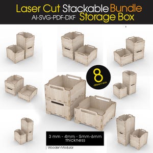 Peut inclure: Plusieurs boîtes de rangement empilables en bois découpées au laser. L'image présente diverses dispositions des boîtes, mettant en évidence différentes tailles et configurations. Le texte sur l'image indique "Laser Cut Stackable Bundle Storage Box" et "8 different sizes."