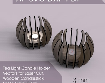 Laser Cut Tea Light Candle Holder Vectors, Wooden Candlestick (SVG, Ai, PDF, Dxf Files)