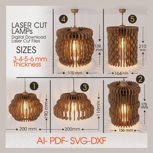 May include: A collection of laser-cut wooden lamps in various designs. The lampshades are brown and feature intricate patterns. Dimensions are provided in millimeters, with thicknesses ranging from 3 to 6 mm. The image includes text: "LASER CUT LAMPS" and "SIZES".