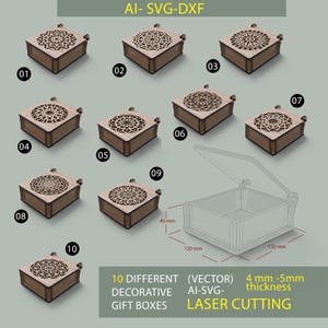 Laserschneiden, 10 verschiedene Muster dekorative Geschenkbox Laser Cut SVG-Dateien, Schmuckschatulle mit Deckel, Vektordateien für Holz Laserschneiden