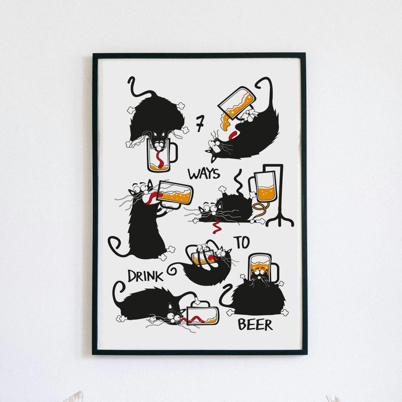 Quirky Cats Enjoying Beers Vector Art – Funny Cat Drinking Beer Poster ...