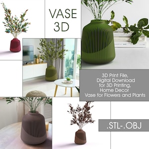 May include: A 3D printable vase design for home decor. The vase is available in STL and OBJ file formats. The vase is shown in three different colors: green, brown, and red. The vase is designed to hold flowers or plants.