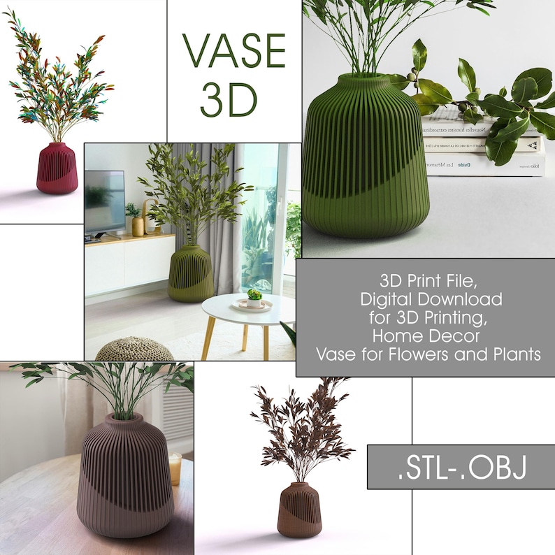 May include: A 3D printable vase design for home decor. The vase is available in STL and OBJ file formats. The vase is shown in three different colors: green, brown, and red. The vase is designed to hold flowers or plants.