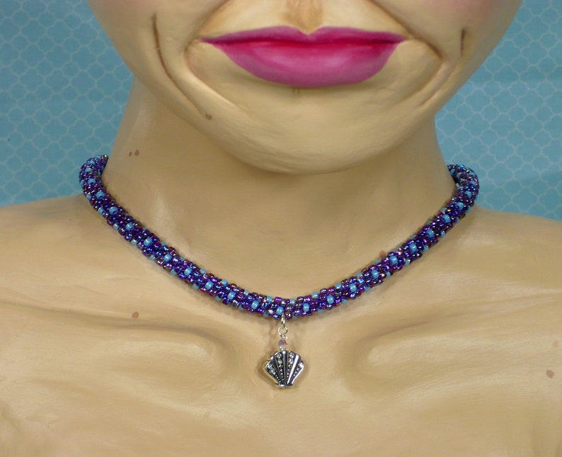 Purple and blue polka dot shell necklace