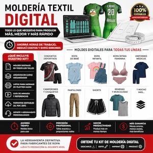 Puede incluir: Un kit de moldes textiles digitales que incluye una computadora portátil con patrones de ropa, una cinta métrica y diversas prendas como camisetas deportivas, bodys de bebé, overoles infantiles, lencería, uniformes médicos y chaquetas.