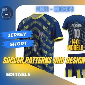 Może przedstawiać: Granatowy zestaw koszulki i spodenek piłkarskich z żółtymi geometrycznymi wzorami. Koszulka ma numer 10. Obraz zawiera również tekst "SOCCER PATTERNS AND DESIGNS" i "EDITABLE".