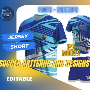 Peut inclure: Image présentant des modèles de maillots et de shorts de football. Le maillot est bleu et turquoise avec un motif géométrique et le numéro 10. Le short est bleu avec des rayures blanches et le numéro 10. Le texte comprend "JERSEY", "SHORT", "SOCCER PATTERNS AND DESIGNS" et "EDITABLE".