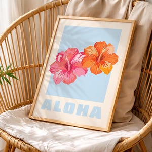 Aloha Poster Hibiskus Blumen Tropische Wanddeko Sommer Hawaii Print Pastell Blau Orange Moderne Deko Urlaub Vibes Digitaler Download