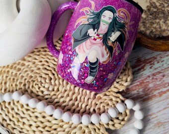 Vaso fucsia con purpurina: Taza de acero inoxidable de chica anime, 14 oz