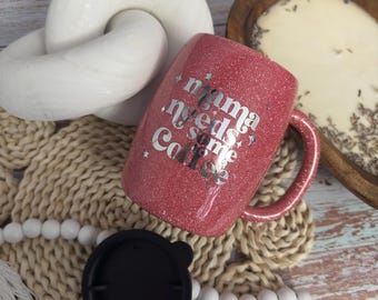 Vaso con purpurina "Mamá necesita café": taza de acero inoxidable de 14 oz