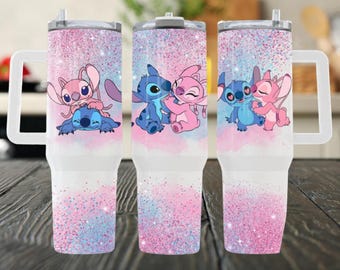 Vaso de acero inoxidable de 40 oz con purpurina rosa y azul