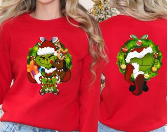 Suéter navideño del Grinch: cuello redondo unisex, atuendo para fiesta navideña