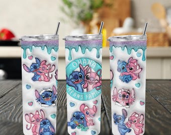 Vaso Ohana Stitch de 20 oz: regalo de acero inoxidable rosa y azul