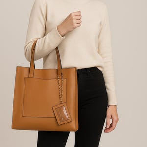 Personalized Leather Tote Bag: Handmade Women&#39;s Shoulder Bag with ID Holder