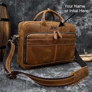 Personalized Vintage Cowhide Leather Briefcase: 15-inch Laptop Messenger Bag