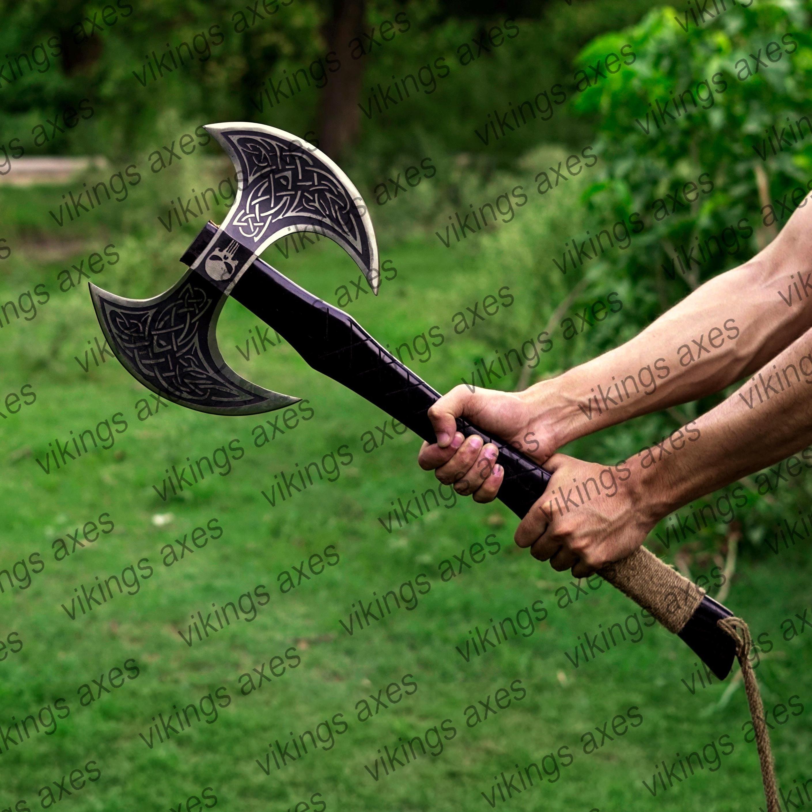 Hand Forged Viking Axe, Double Headed Carbon Steel Axe, Norse Celtic Axe with Rosewood Handle and Leather Sheath