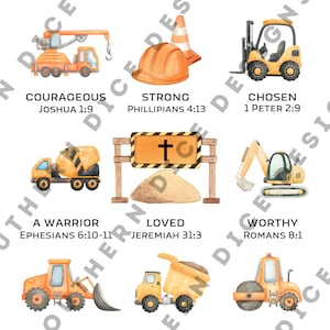 Peut inclure: Une impression numérique intitulée GOD SAYS I AM présentant neuf icônes d'engins de chantier à l'aquarelle accompagnées de textes inspirants et de références bibliques comme Courageous, Strong, Chosen, Warrior, Loved, Worthy, Confident, Valuable et Conqueror.
