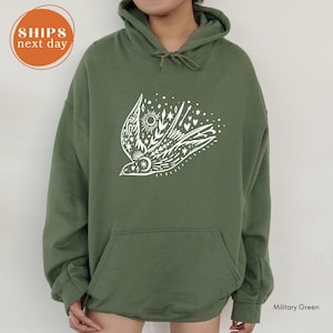 Celestial Bird Hoodie, Flying Bird Moon Stars Sweatshirt, Boho Folk Art Pullover, Vintage Sky Graphic Hoodie, Night Sky Bird Sweater