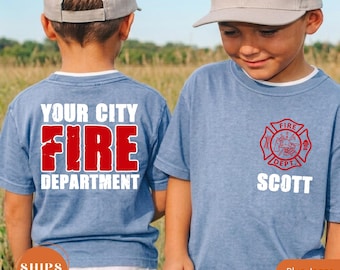 Comfort Colors Personalized Firetruck Birthday Shirt, Custom Name Firefighter Tee, Sound The Alarm Toddler Top