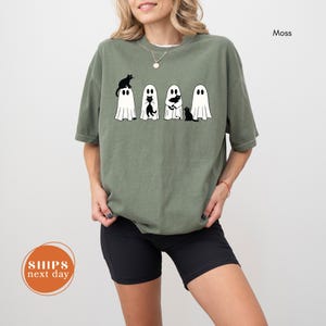 Halloween Black Cat And Ghost Comfort Colors T-Shirt, Spooky Season Tee, Cute Halloween Ghost T-Shirt, Fall Cat Shirt, Halloween Gift Tee