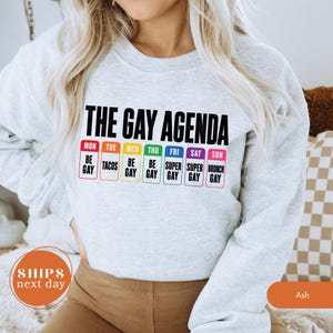 May include: A light gray sweatshirt with the text "THE GAY AGENDA" in black. Below the text are colorful boxes with daily activities like "BE GAY" and "TACOS". The sweatshirt is a casual, unisex garment.