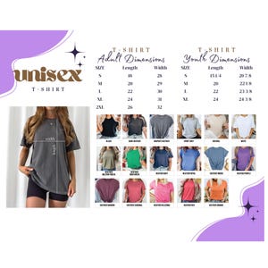 May include: A unisex t-shirt size chart featuring adult and youth dimensions in inches. The chart displays a grey t-shirt with length and width lines, alongside a grid of 15 color swatches including black, heather, and various solid colors.