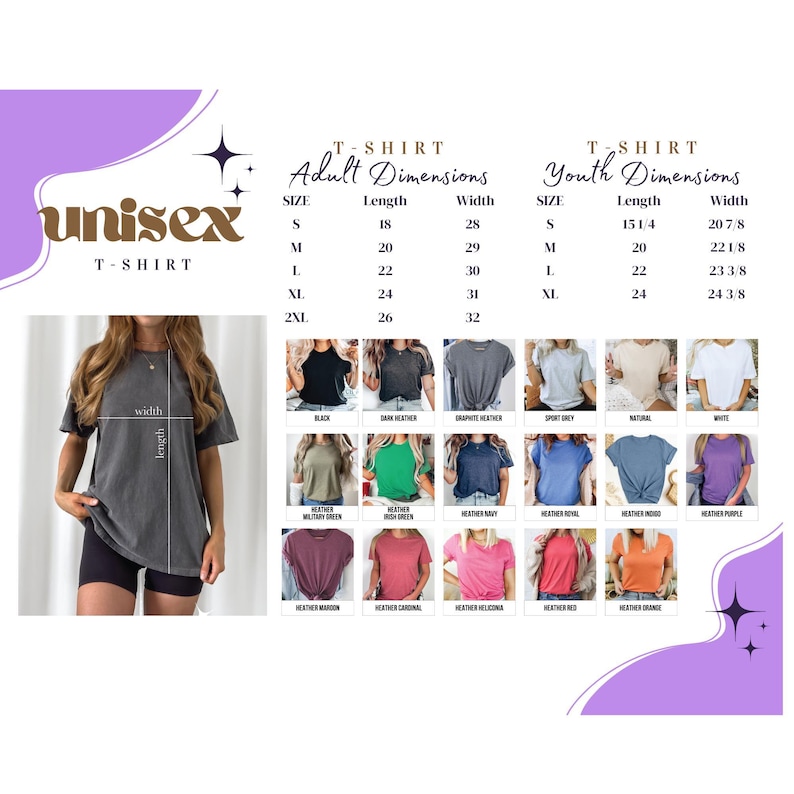 May include: A unisex t-shirt size chart featuring adult and youth dimensions in inches. The chart displays a grey t-shirt with length and width lines, alongside a grid of 15 color swatches including black, heather, and various solid colors.